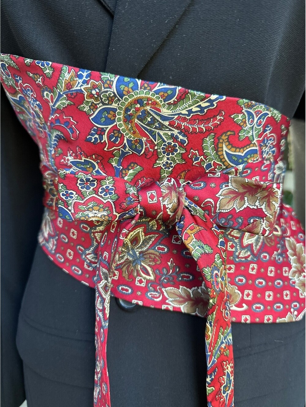 Red Floral Paisley Upcycled Silk Obi Belt | Corset Style | OOAK | OS